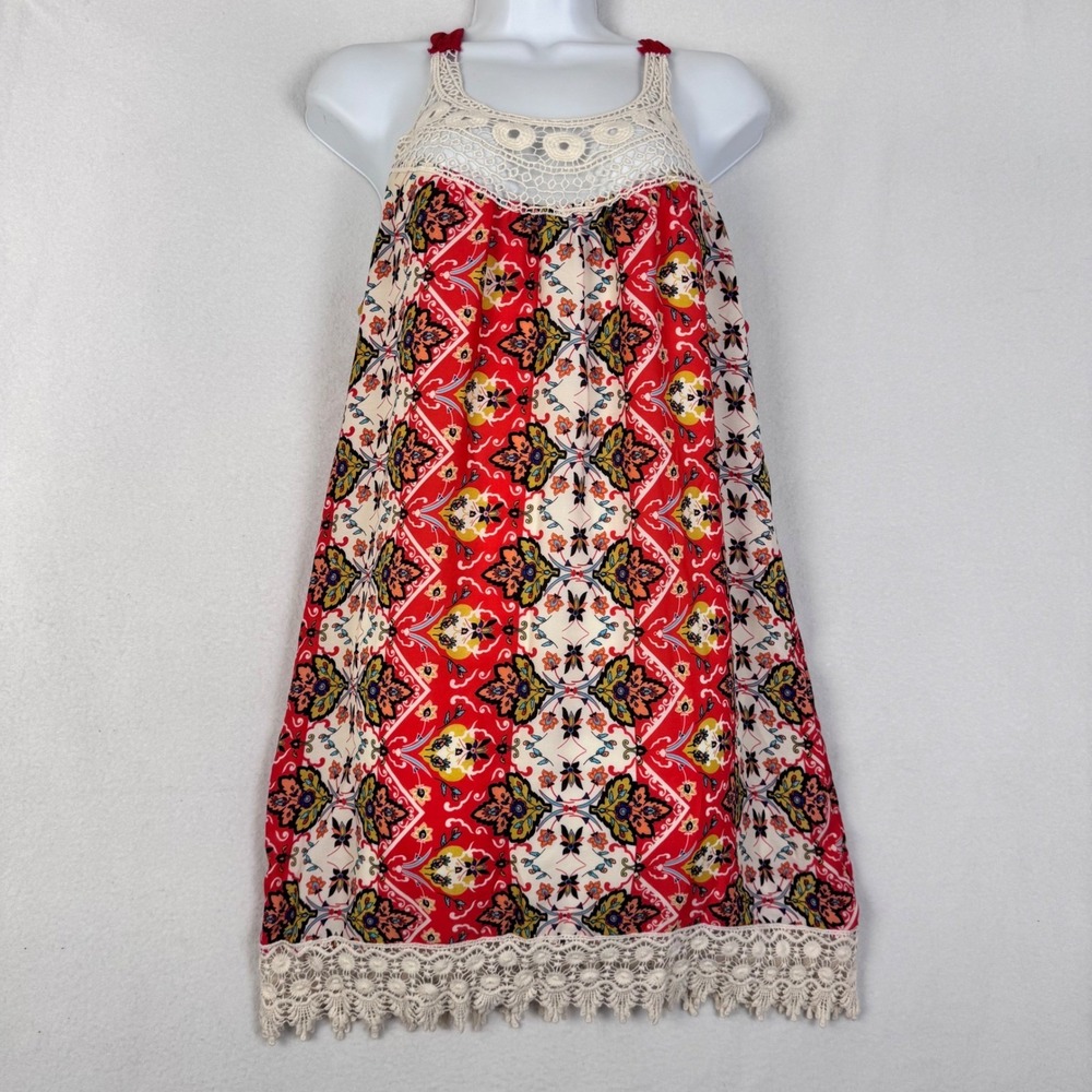 B. Darlin Halter Dress‎ Women 7/8 Red Boho Crochet Lace Floral Mini Q5UNF176